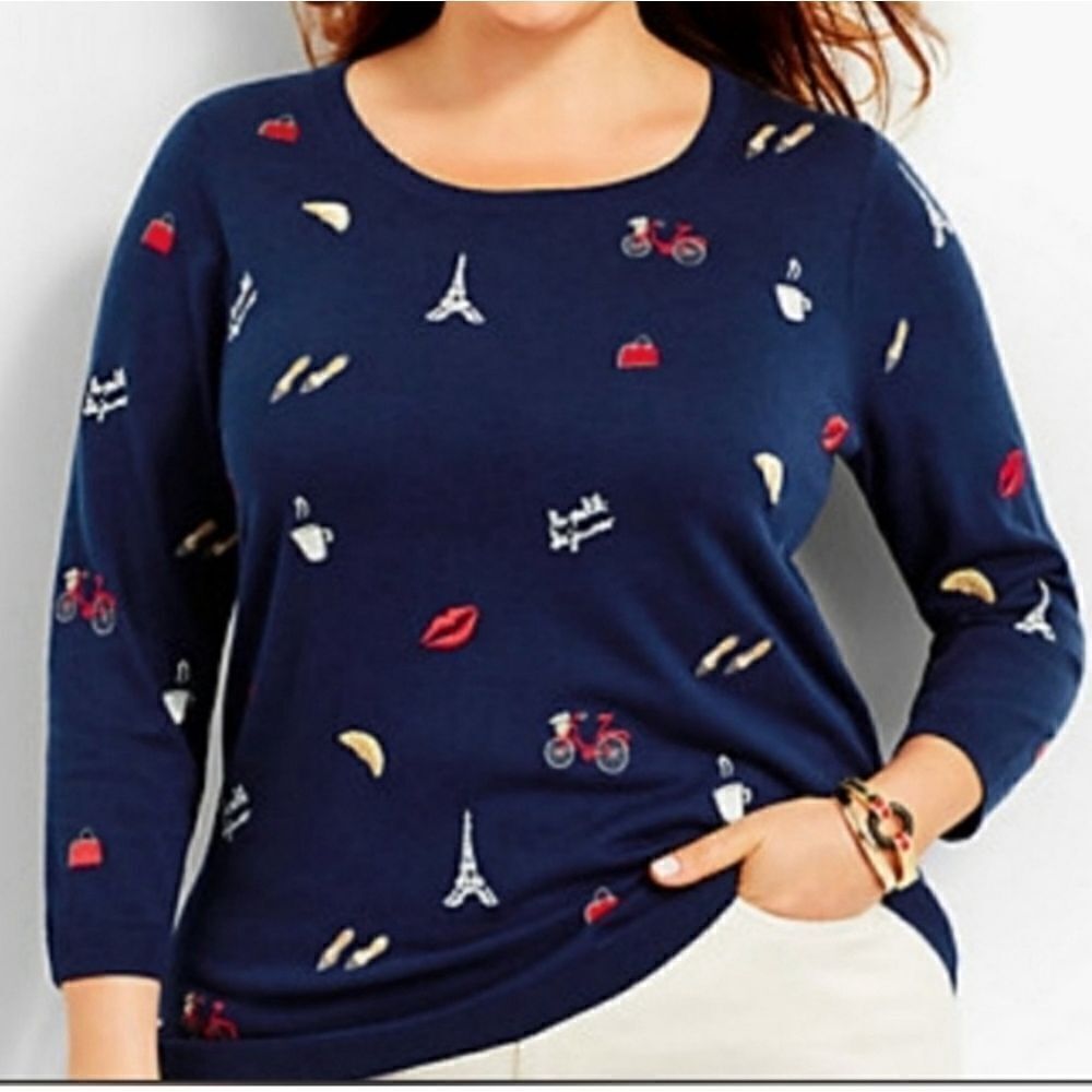 TALBOT NAVY BLUE EMBROIDERED PARIS SWEATER, SIZE X